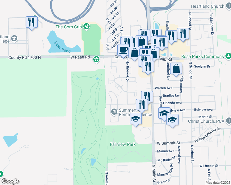 map of restaurants, bars, coffee shops, grocery stores, and more near 710 Orlando Avenue in Normal