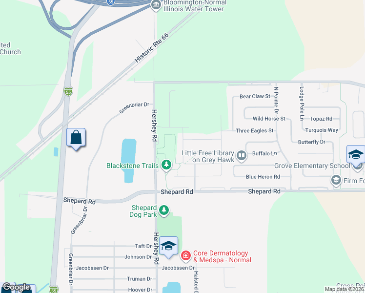 map of restaurants, bars, coffee shops, grocery stores, and more near Travertine Road in Normal