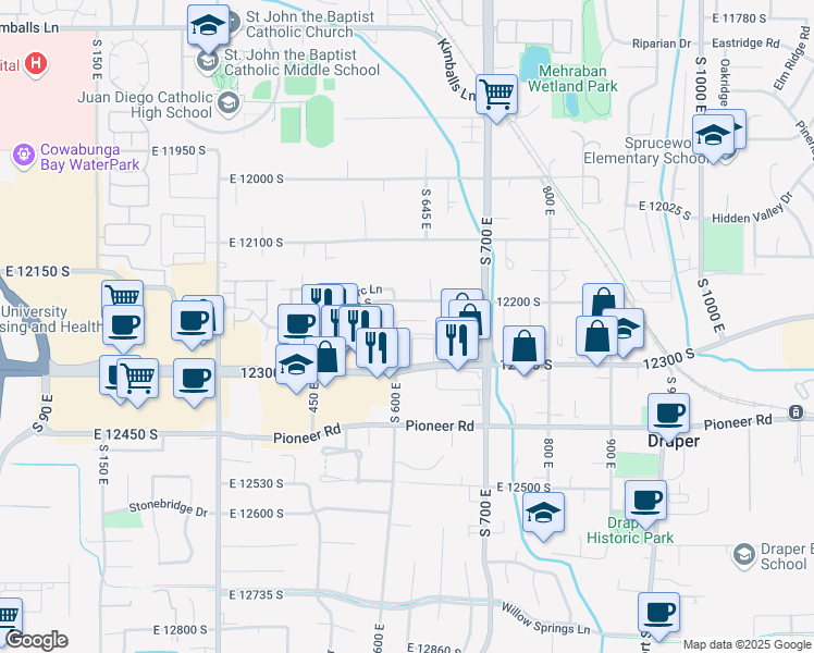 map of restaurants, bars, coffee shops, grocery stores, and more near 620 East 12225 South in Draper