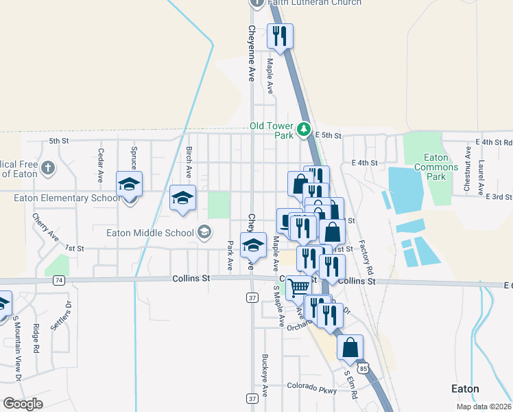 map of restaurants, bars, coffee shops, grocery stores, and more near 215 Cheyenne Avenue in Eaton