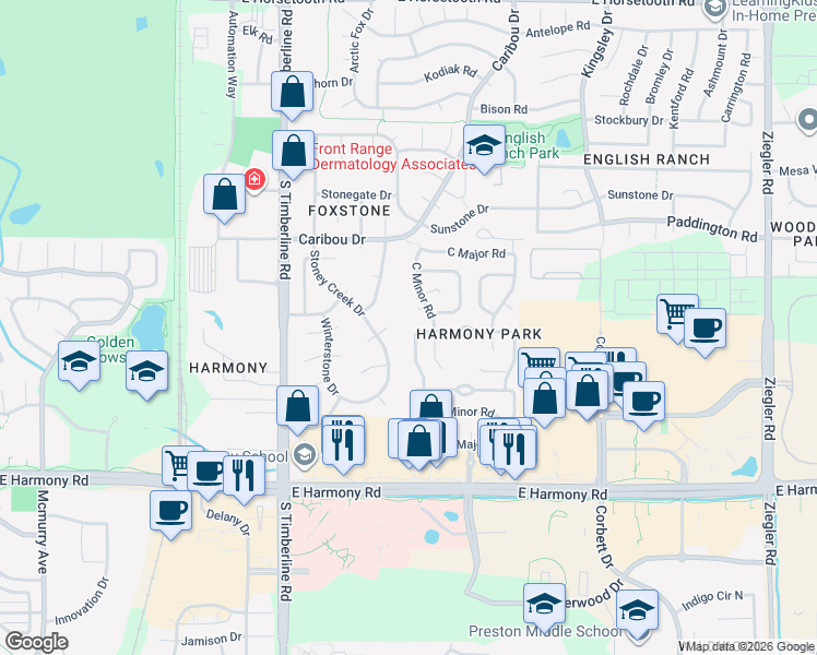 map of restaurants, bars, coffee shops, grocery stores, and more near 2319 Sunleaf Court in Fort Collins
