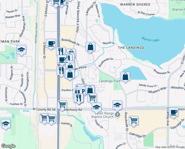 map of restaurants, bars, coffee shops, grocery stores, and more near 451 East Boardwalk Drive in Fort Collins