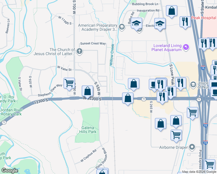 map of restaurants, bars, coffee shops, grocery stores, and more near 513 West Sunland Drive in Draper