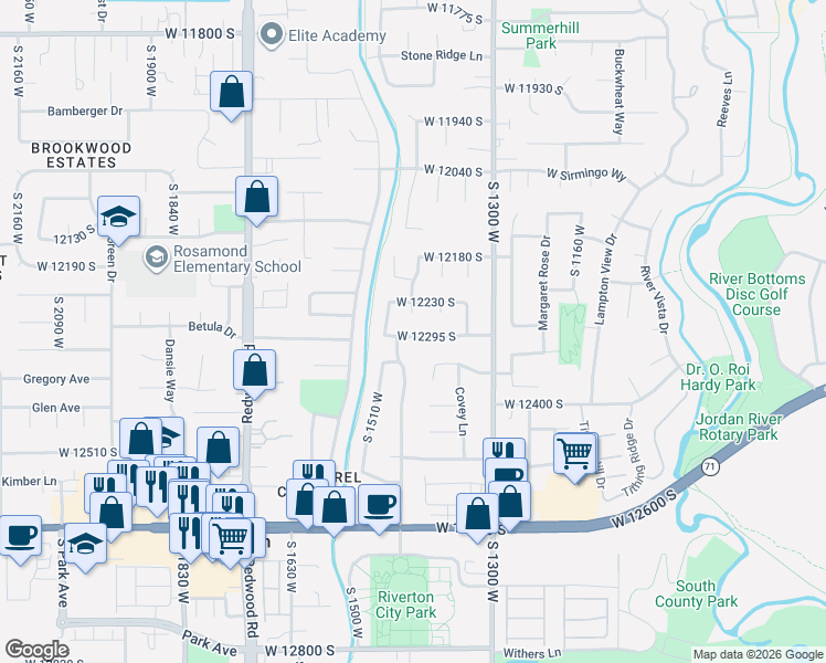 map of restaurants, bars, coffee shops, grocery stores, and more near 12257 South 1490 West in Riverton