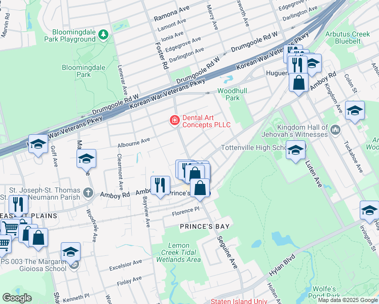 map of restaurants, bars, coffee shops, grocery stores, and more near 65 Foster Road in Staten Island