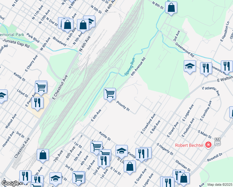 map of restaurants, bars, coffee shops, grocery stores, and more near 601-03 6th Avenue Road in Altoona