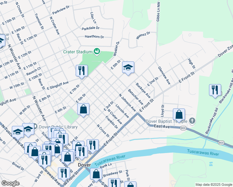 map of restaurants, bars, coffee shops, grocery stores, and more near 319 North Johnson Avenue in Dover