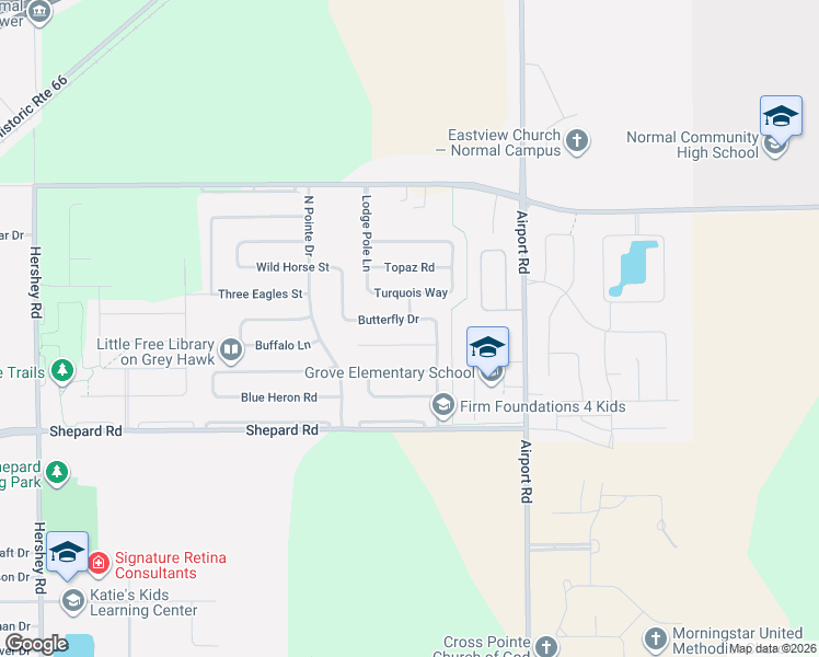 map of restaurants, bars, coffee shops, grocery stores, and more near 3260 Butterfly Drive in Normal