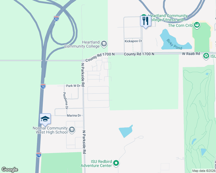 map of restaurants, bars, coffee shops, grocery stores, and more near Lusitano Lane in Normal