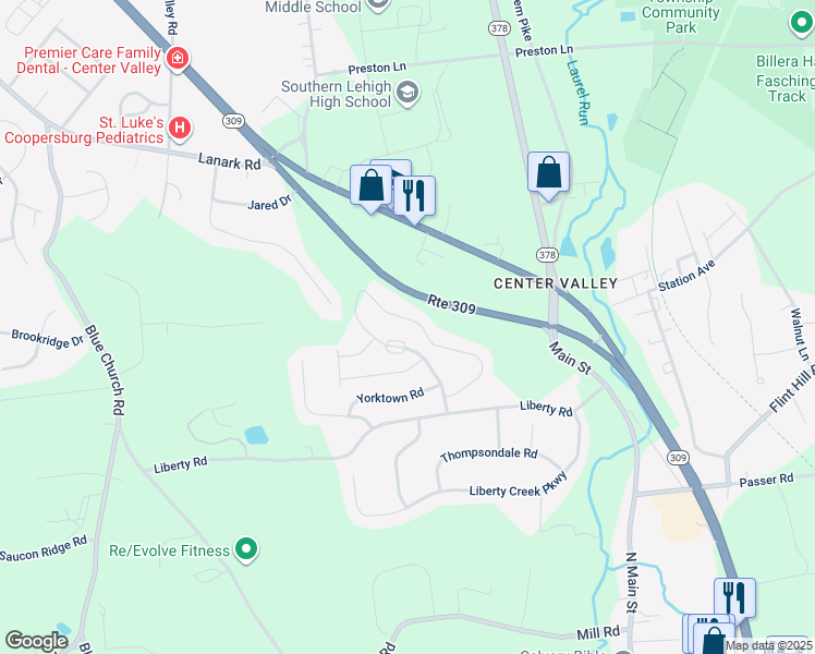 map of restaurants, bars, coffee shops, grocery stores, and more near 5992 Valley Forge Drive in Coopersburg