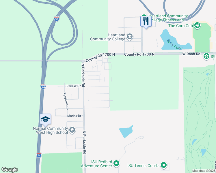 map of restaurants, bars, coffee shops, grocery stores, and more near Lusitano Lane in Normal