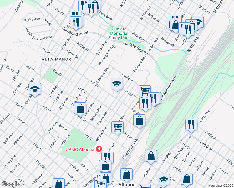 map of restaurants, bars, coffee shops, grocery stores, and more near 110 Cherry Avenue in Altoona