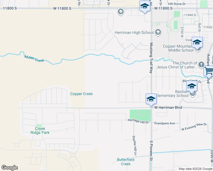 map of restaurants, bars, coffee shops, grocery stores, and more near 12400 South Mustang Trail Way in Herriman