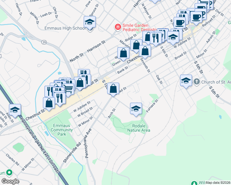 map of restaurants, bars, coffee shops, grocery stores, and more near 939 Broad Street in Emmaus