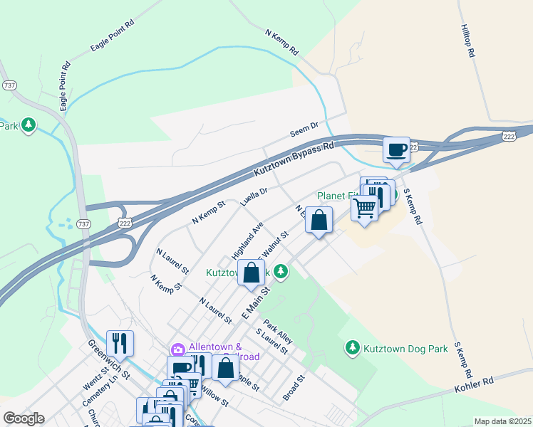 map of restaurants, bars, coffee shops, grocery stores, and more near 509 Highland Avenue in Kutztown
