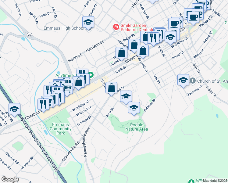 map of restaurants, bars, coffee shops, grocery stores, and more near 935 Broad Street in Emmaus