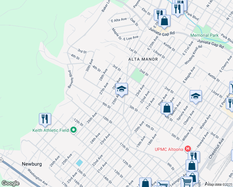 map of restaurants, bars, coffee shops, grocery stores, and more near 416-18 25th Avenue in Altoona