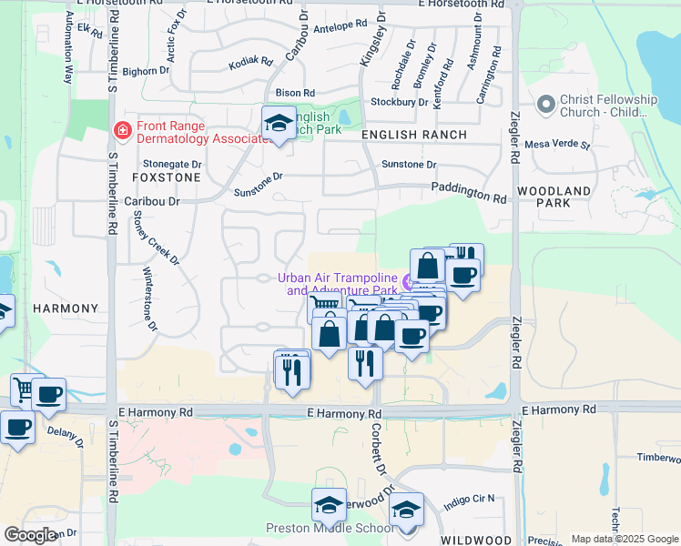 map of restaurants, bars, coffee shops, grocery stores, and more near 4227 Corbett Drive in Fort Collins