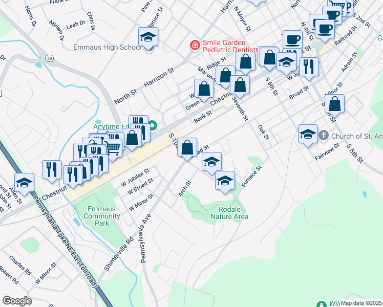 map of restaurants, bars, coffee shops, grocery stores, and more near 933 Broad Street in Emmaus