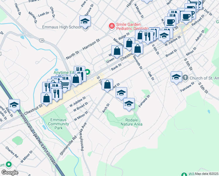 map of restaurants, bars, coffee shops, grocery stores, and more near 945 Broad Street in Emmaus