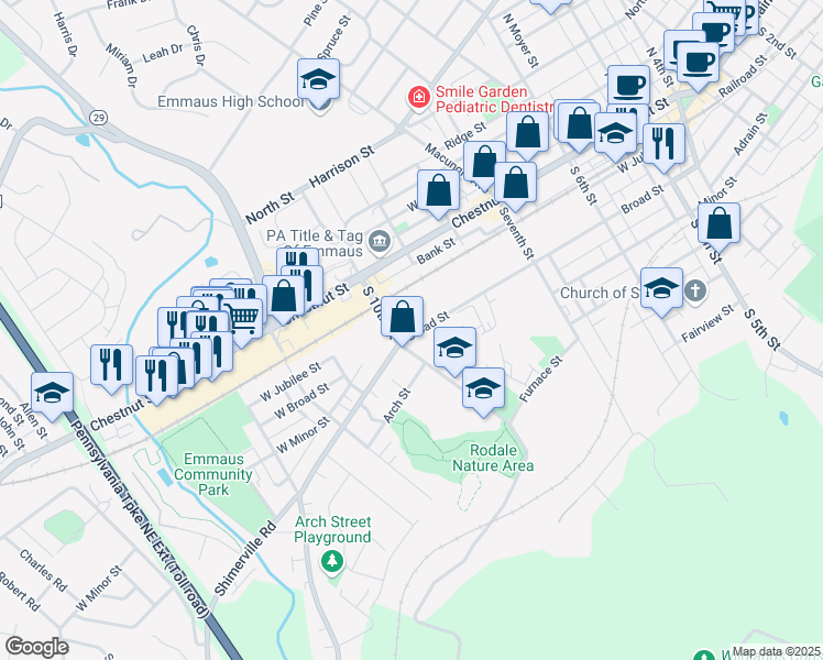 map of restaurants, bars, coffee shops, grocery stores, and more near 931 Broad Street in Emmaus