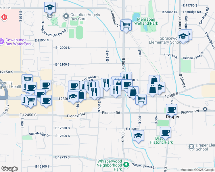 map of restaurants, bars, coffee shops, grocery stores, and more near 662 East 12225 South in Draper