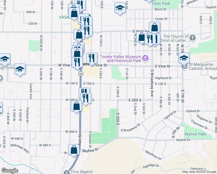 map of restaurants, bars, coffee shops, grocery stores, and more near 104 Russell Avenue in Tooele
