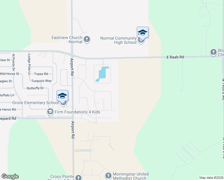 map of restaurants, bars, coffee shops, grocery stores, and more near 3638 Napa Lane in Normal