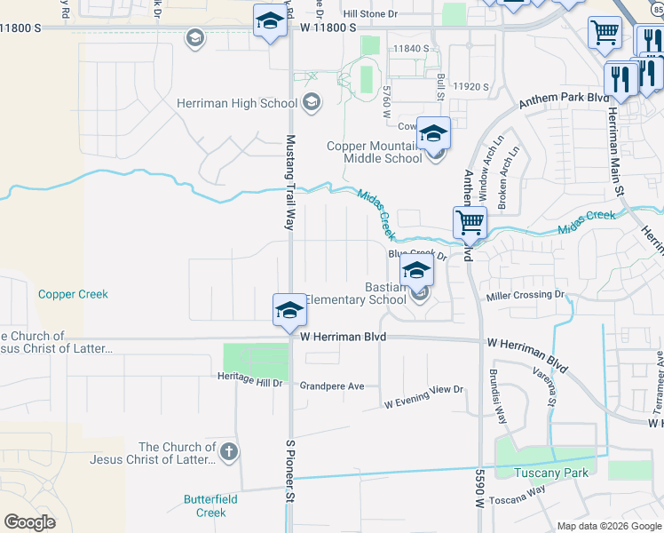 map of restaurants, bars, coffee shops, grocery stores, and more near 12277 Emory Peak Cove in Herriman