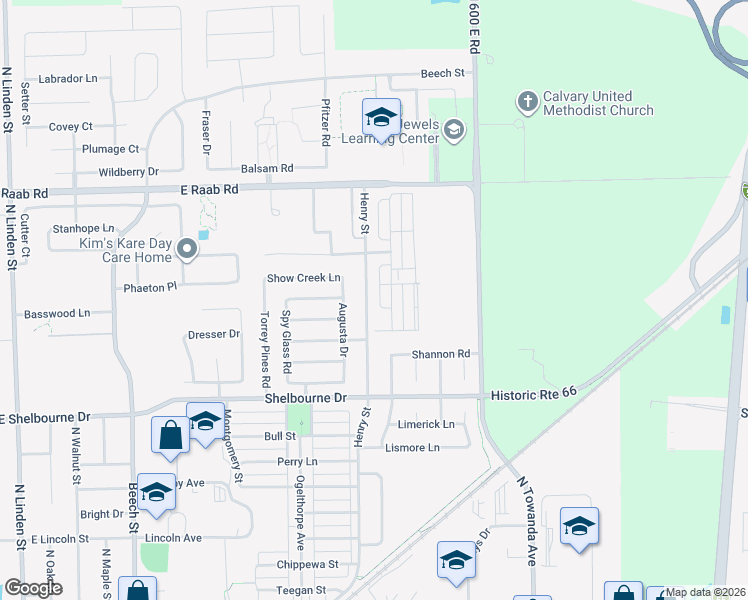 map of restaurants, bars, coffee shops, grocery stores, and more near 1601 Henry Street in Normal