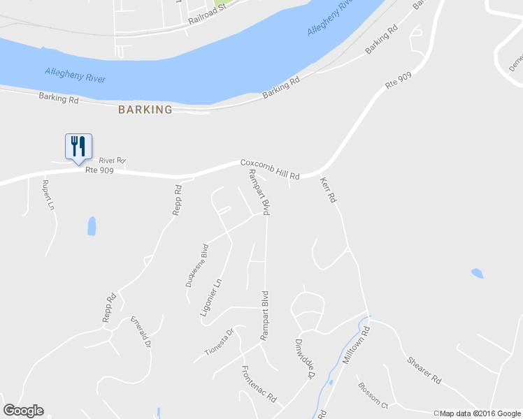 map of restaurants, bars, coffee shops, grocery stores, and more near 135 Rampart Boulevard in New Kensington