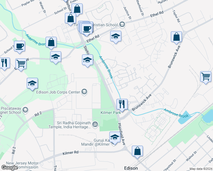 map of restaurants, bars, coffee shops, grocery stores, and more near Plainfield Ave & Rivendell Way in Edison