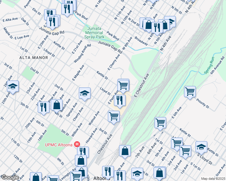 map of restaurants, bars, coffee shops, grocery stores, and more near East Walnut Avenue in Altoona