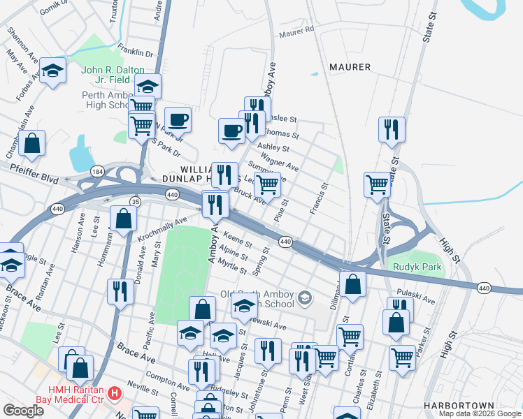 map of restaurants, bars, coffee shops, grocery stores, and more near 421 Bruck Avenue in Perth Amboy