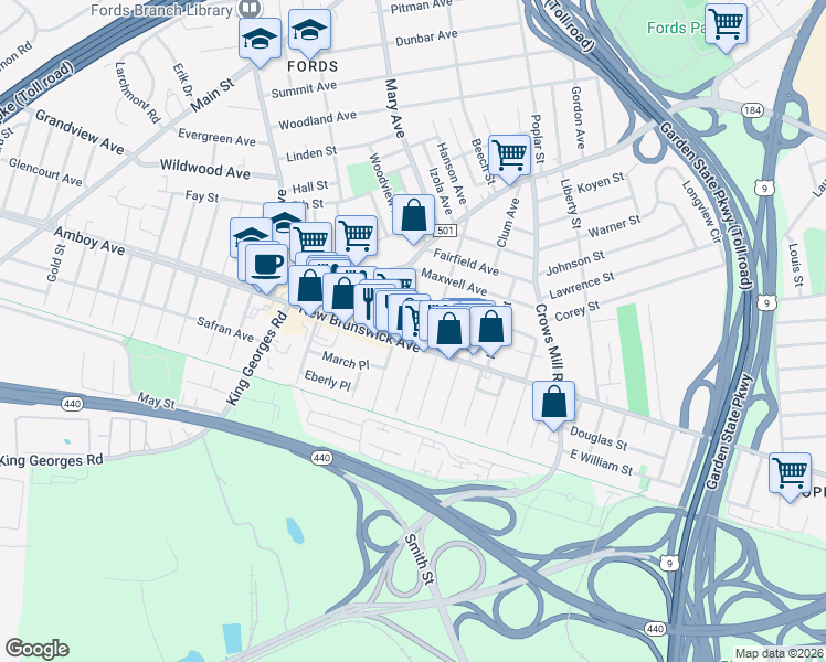 map of restaurants, bars, coffee shops, grocery stores, and more near 488 New Brunswick Avenue in Woodbridge Township