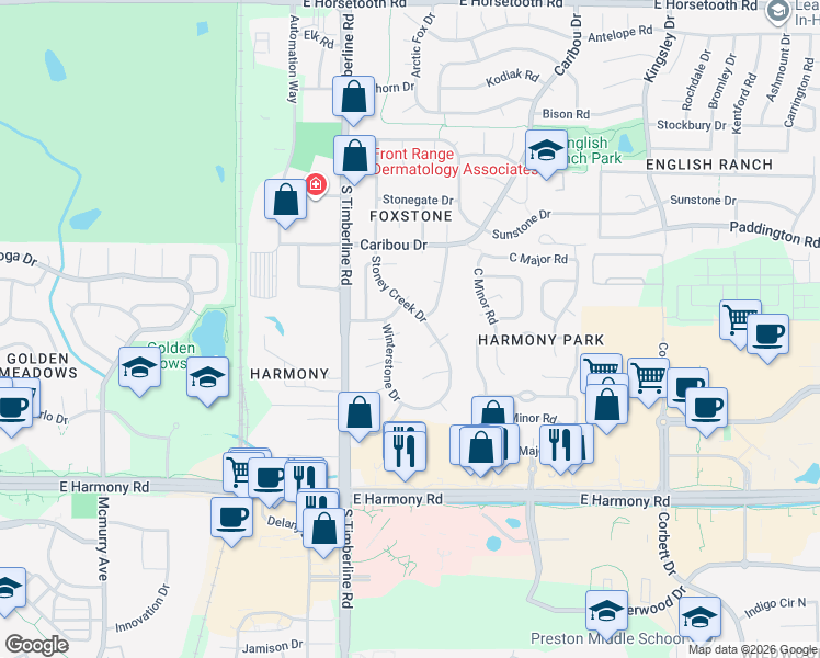 map of restaurants, bars, coffee shops, grocery stores, and more near 4238 Winterstone Drive in Fort Collins