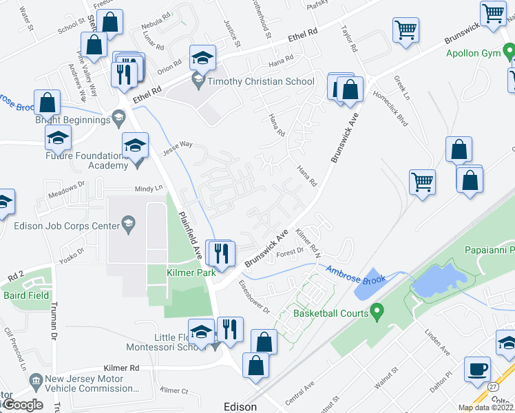 map of restaurants, bars, coffee shops, grocery stores, and more near 1108 Merrywood Drive in Edison