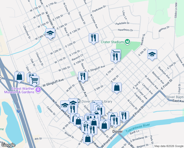 map of restaurants, bars, coffee shops, grocery stores, and more near 220 East Slingluff Avenue in Dover