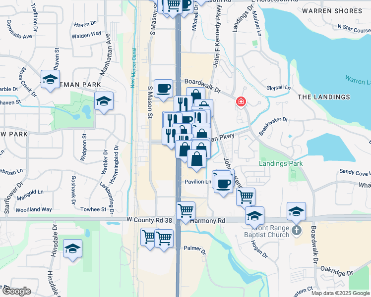 map of restaurants, bars, coffee shops, grocery stores, and more near 4300 South College Avenue in Fort Collins