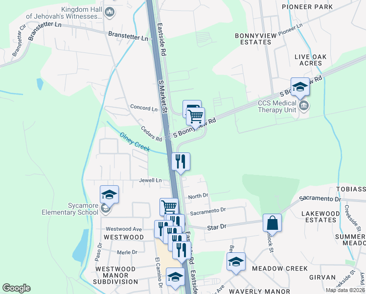 map of restaurants, bars, coffee shops, grocery stores, and more near 6011 Eastside Road in Redding