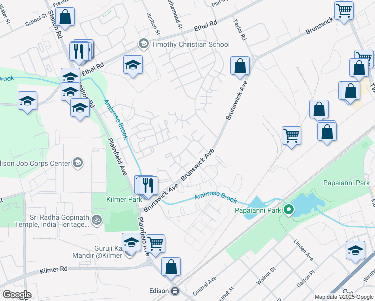 map of restaurants, bars, coffee shops, grocery stores, and more near 2105 Merrywood Drive in Edison