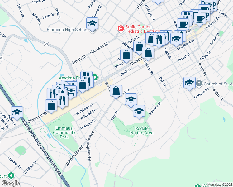 map of restaurants, bars, coffee shops, grocery stores, and more near 945 Broad Street in Emmaus