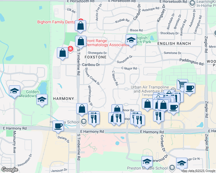 map of restaurants, bars, coffee shops, grocery stores, and more near 2319 Sunleaf Court in Fort Collins