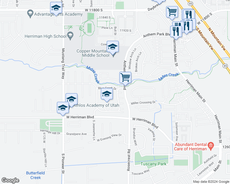 map of restaurants, bars, coffee shops, grocery stores, and more near 12276 South Bigbend Park Drive in Herriman