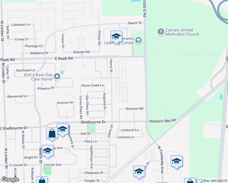map of restaurants, bars, coffee shops, grocery stores, and more near 1601 Henry Street in Normal