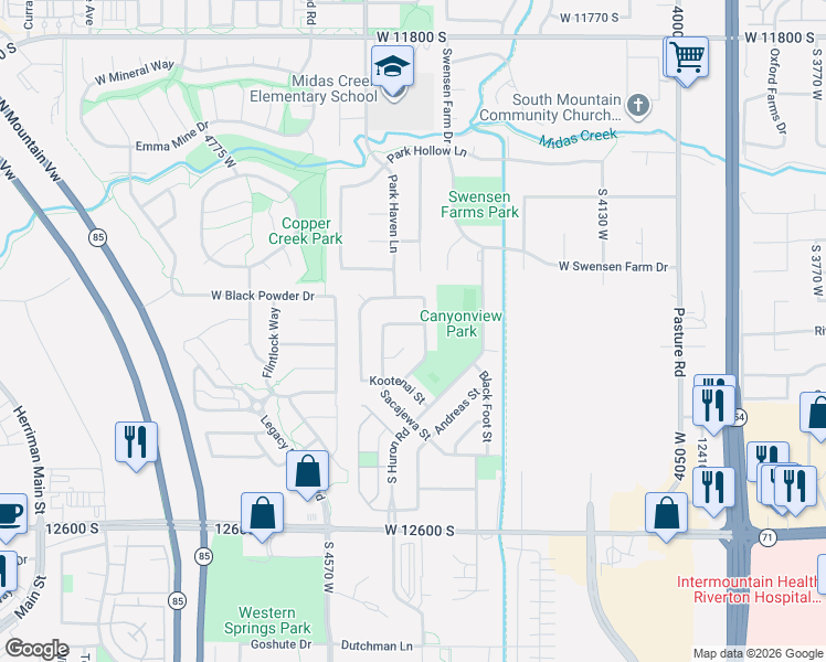 map of restaurants, bars, coffee shops, grocery stores, and more near 4433 Mankato Street in Riverton