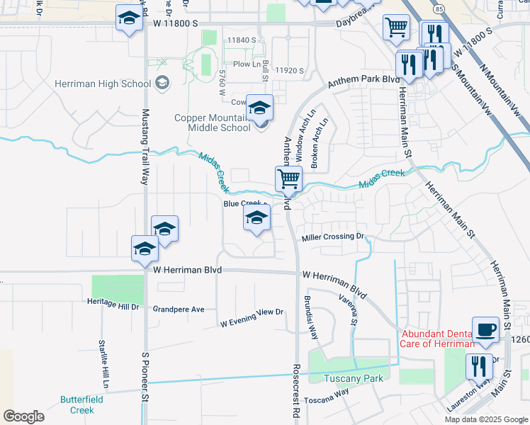 map of restaurants, bars, coffee shops, grocery stores, and more near 12276 South Bigbend Park Drive in Herriman
