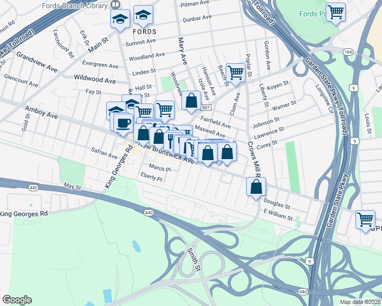 map of restaurants, bars, coffee shops, grocery stores, and more near 488 New Brunswick Avenue in Woodbridge Township