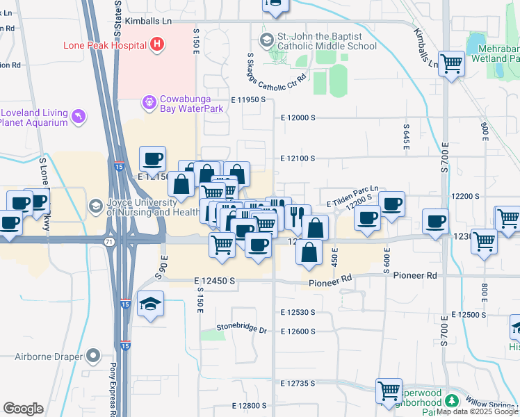 map of restaurants, bars, coffee shops, grocery stores, and more near 12200 South 300 East in Draper