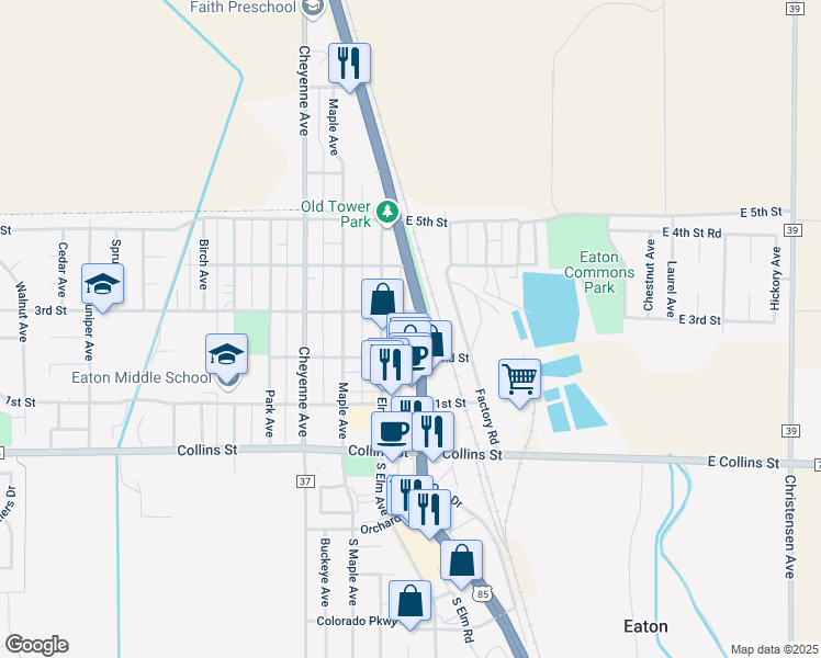 map of restaurants, bars, coffee shops, grocery stores, and more near 222 Oak Avenue in Eaton